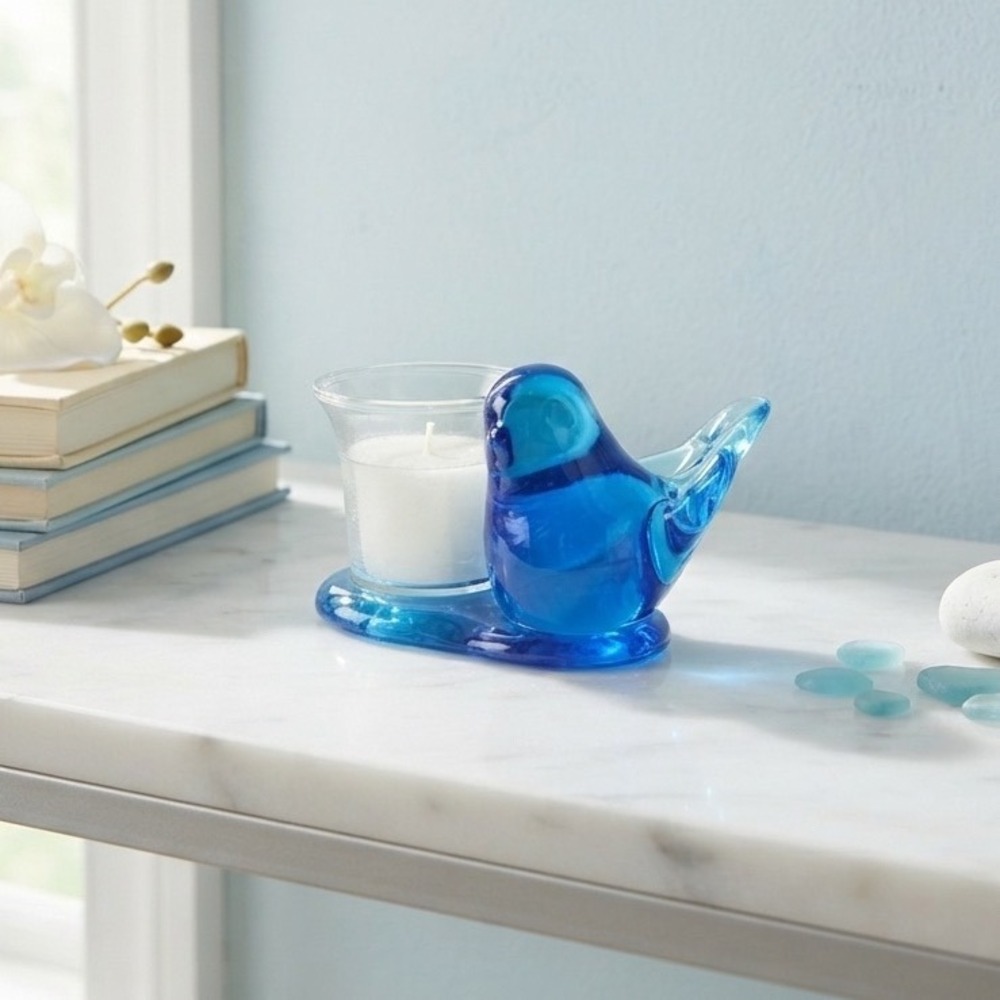 Bluebird of Happiness Art Glass Bird Votive Tea Light Candle Holder Figurine
